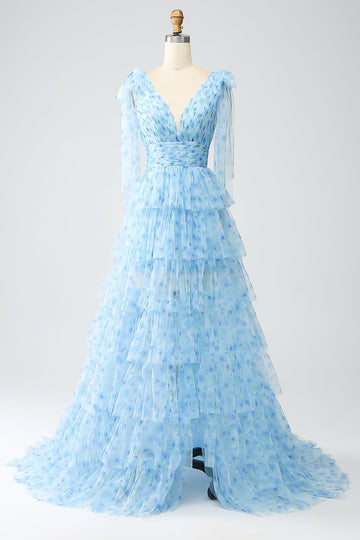 Robe de bal trapèze à col en V bleu clair